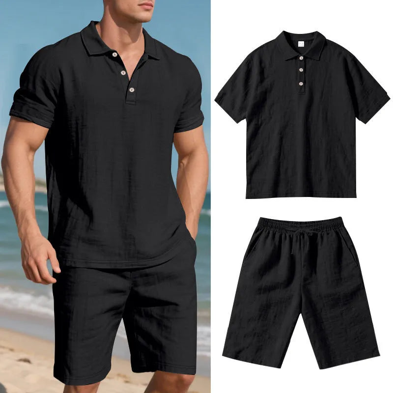 Men's light beige linen blend short sleeve top and shorts set on a hanger, summer casual outfit.