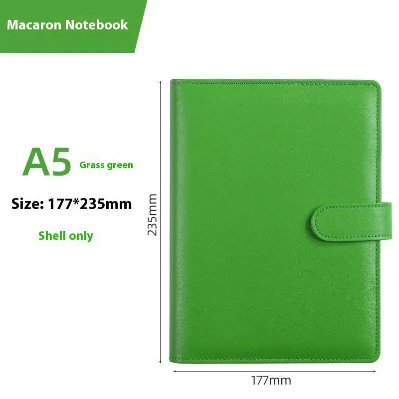 A5 PU leather loose-leaf binder shell with zipper closure shown in various colours.