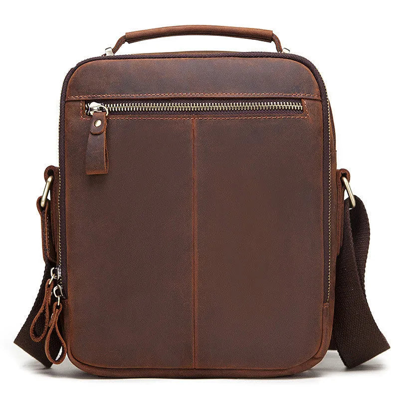 Men's brown crazy horse leather crossbody bag with sewing line details and single shoulder strap