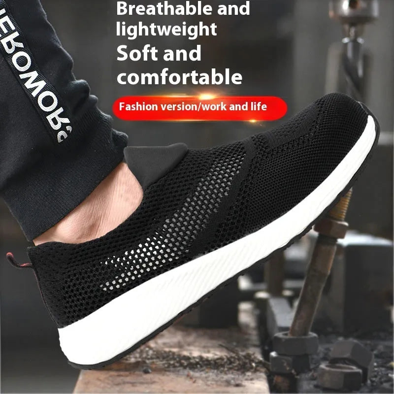 Men's steel toe work shoes with anti-puncture soles in black, blue, red colours