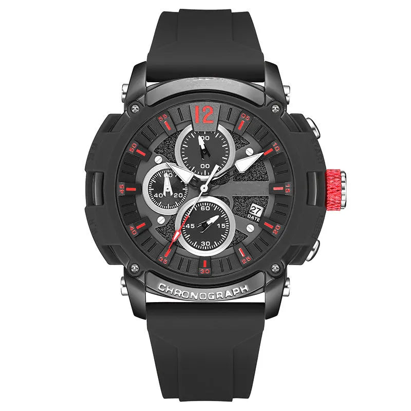 Men's digital quartz watch with calendar display showing black, blue, green, orange and red colour options