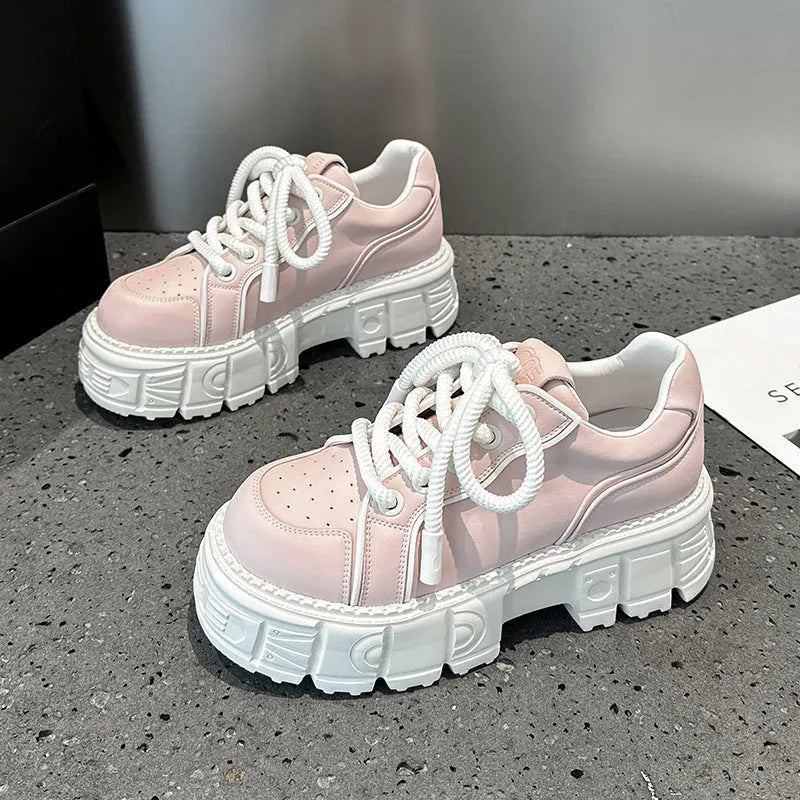 Women's beige leather casual shoes with spring muffin bottom height increase design