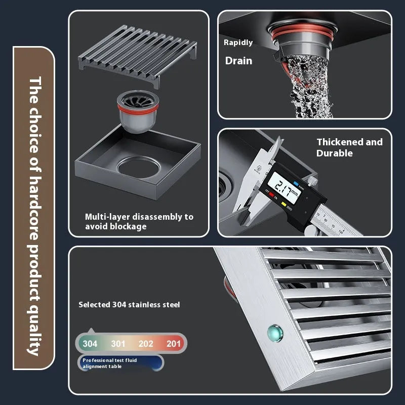 Gun grey 304 stainless steel courtyard floor drain with a 15x15cm grate.