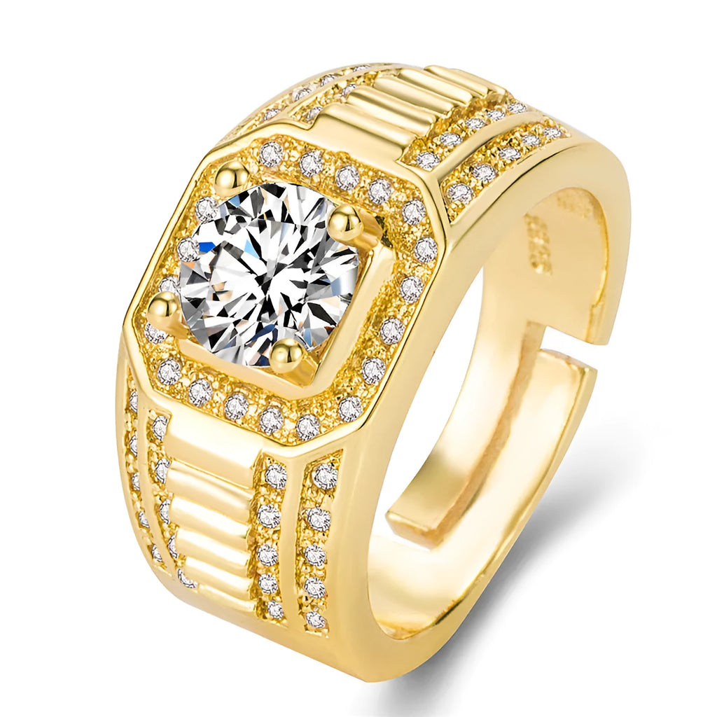 Men's adjustable copper ring with a large square diamond in gold or platinum finish