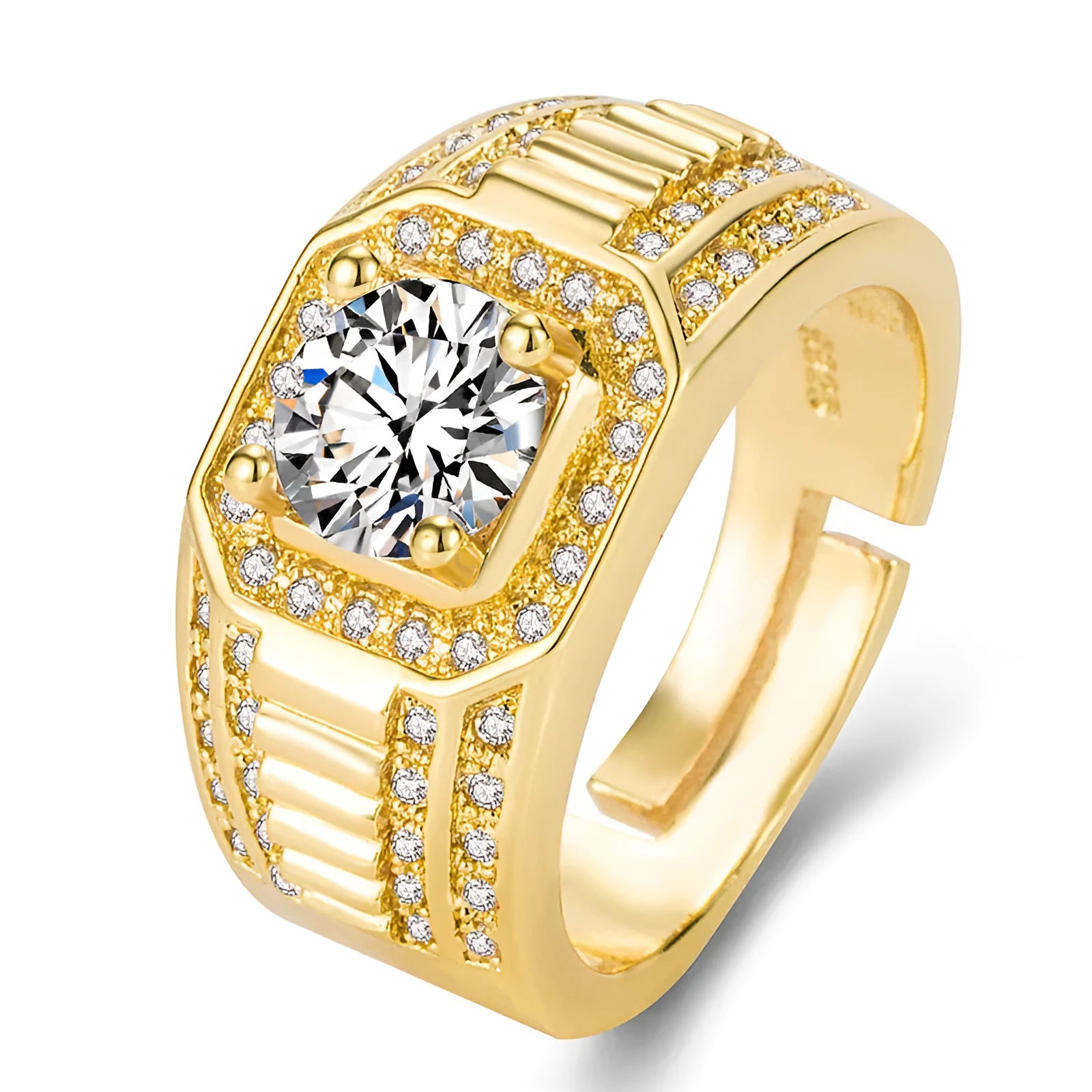 Men's adjustable copper ring with a large square diamond in gold or platinum finish