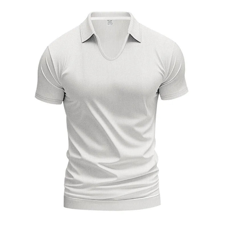 Men's loose fit V-neck short sleeve t-shirt in cotton blend fabric shown in multiple colour options