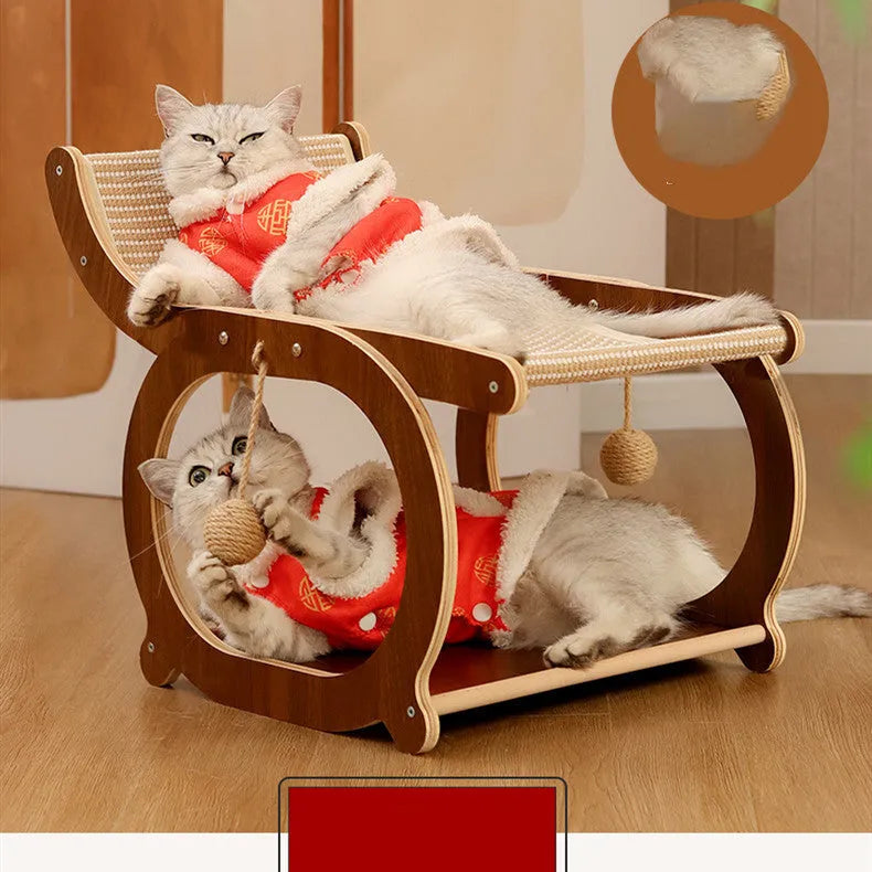 Solid wood cat scratching mat with sisal surface in walnut colour.
