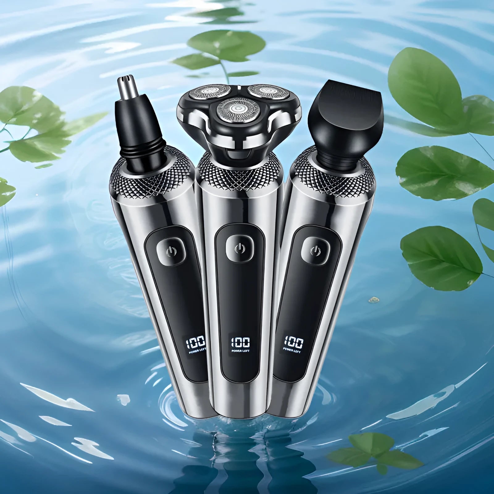 USB rechargeable beard trimmer with digital display and floating cutter head.