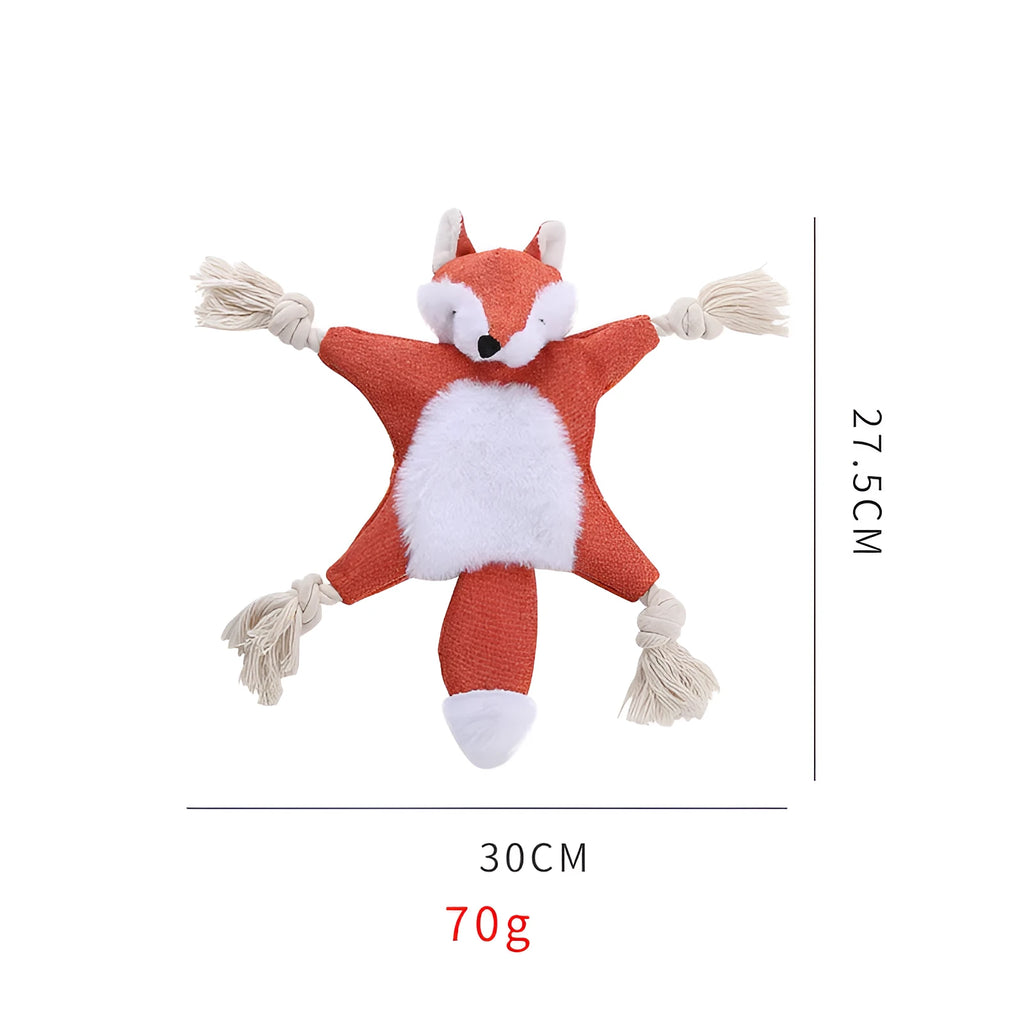 Brown fox-shaped dog toy with embroidered eyes, cotton rope through arms and legs