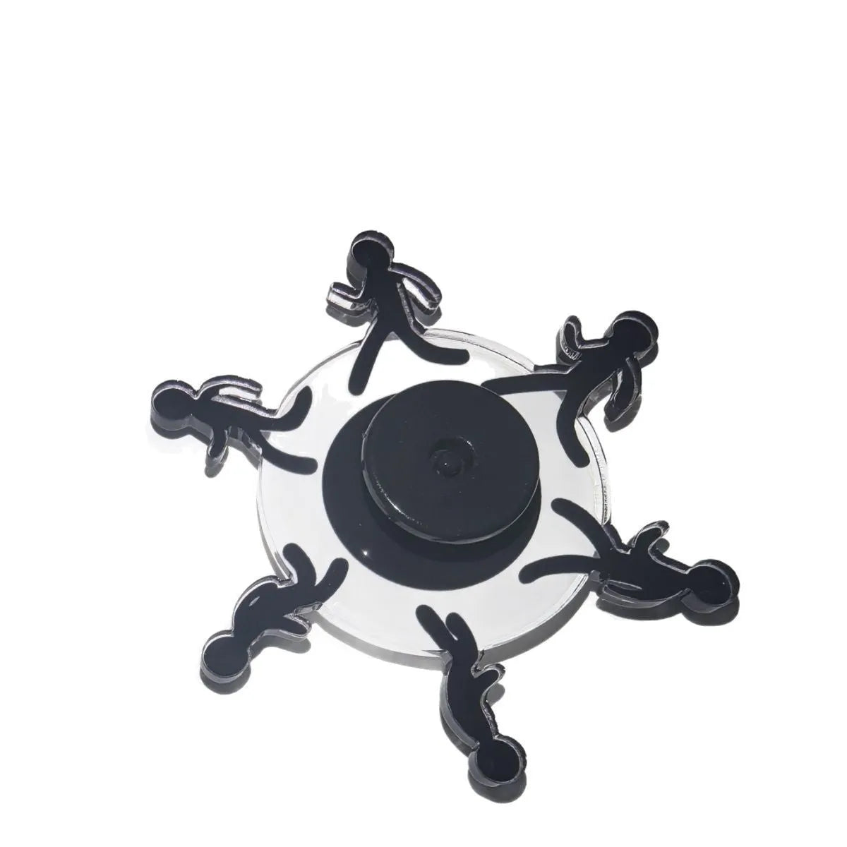 Colourful stickman running dynamic fingertip gyro on a white surface, spinning motion visible