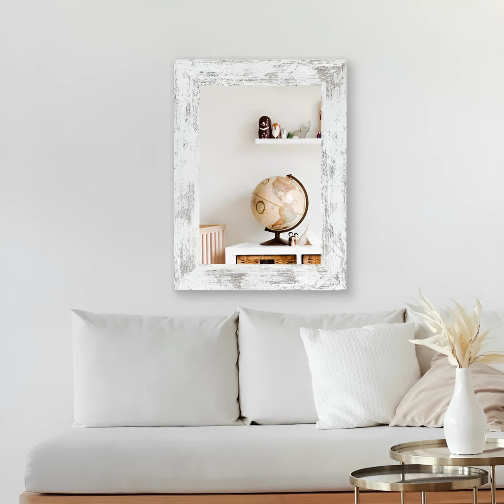 Wall-mounted pastoral style dressing mirror with retro Chinese frame in white finish