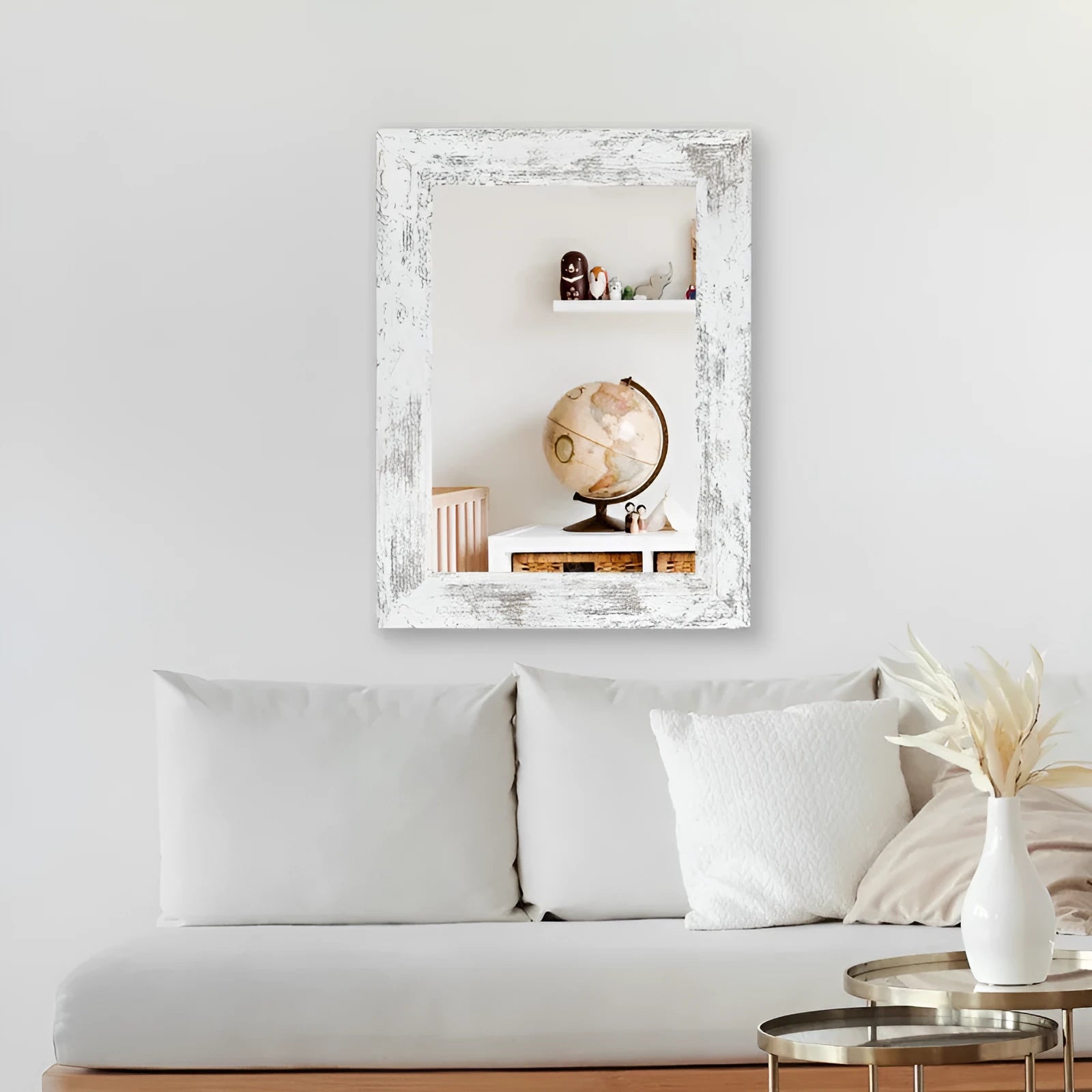 Wall-mounted pastoral style dressing mirror with retro Chinese frame in white finish