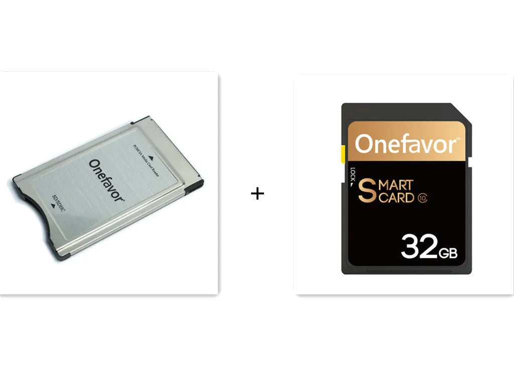 SD to PCMCIA adapter card with stainless steel housing for Mercedes-Benz vehicles, includes 32GB SD card.