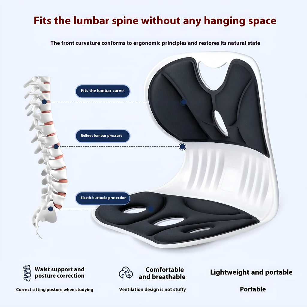 Grey and black lumbar support cushion for chair seat, showing classic and upgraded strong support models.