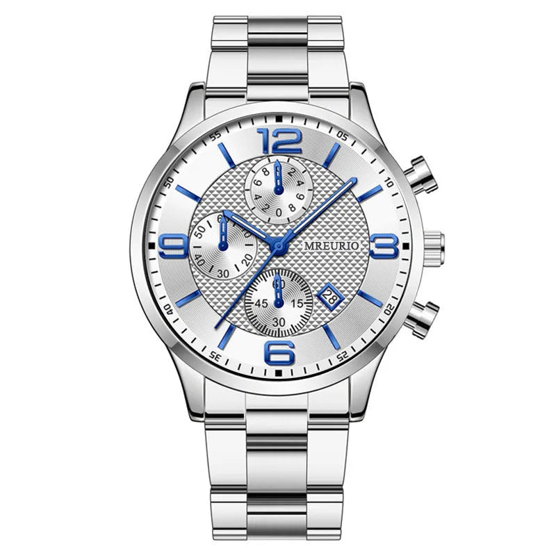 Fashion Numbers men's watch with three-eye calendar chronograph, black dial, silver hands, leather strap
