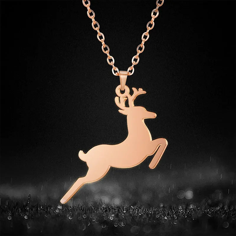 Deer pendant stainless steel necklace with titanium steel pendant electroplating finish in rose gold on white background
