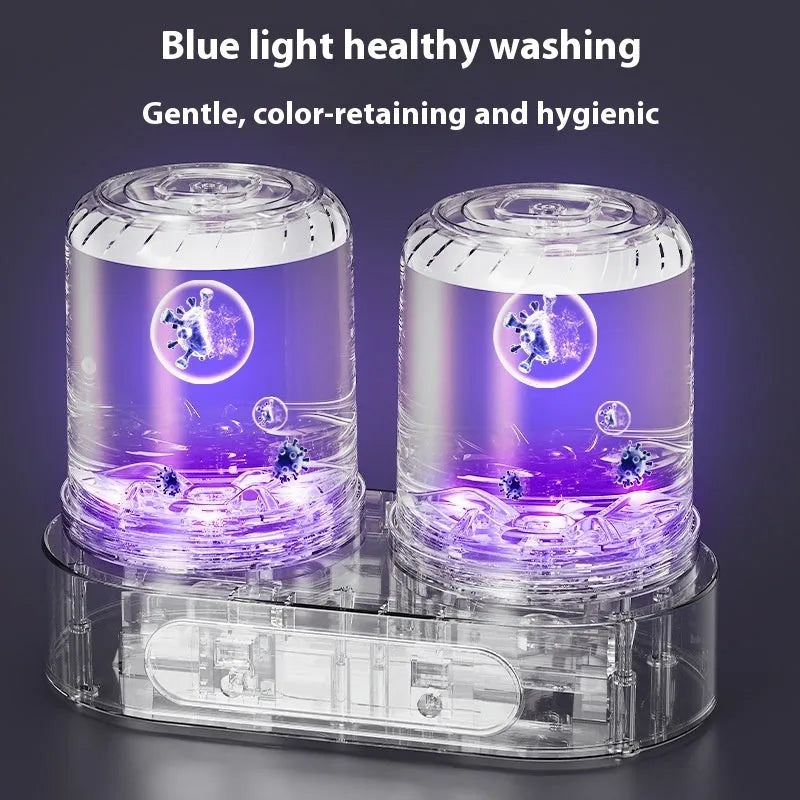 White double bucket portable mini washing machine with USB cable.