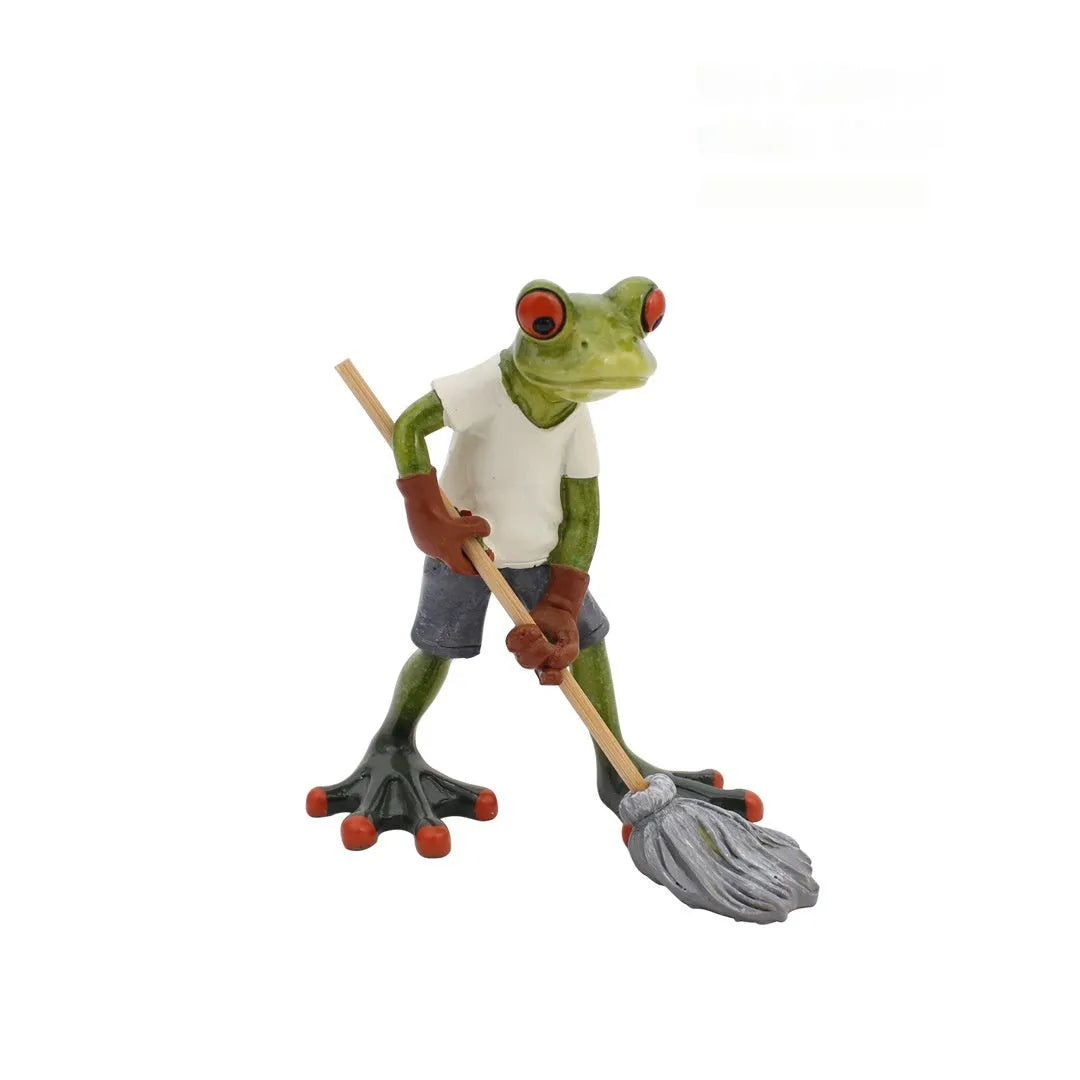 Pastoral style synthetic resin frog sculpture decoration for home interiors.