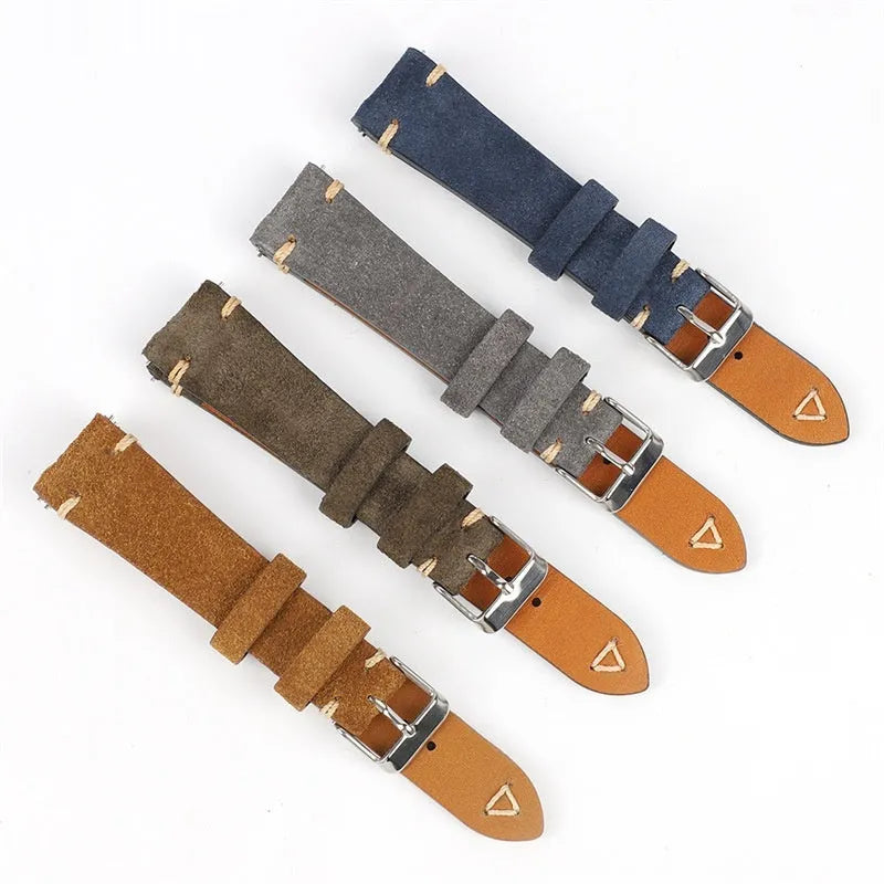 Genuine suede leather watch strap in brown blue gray army green colours small waist design