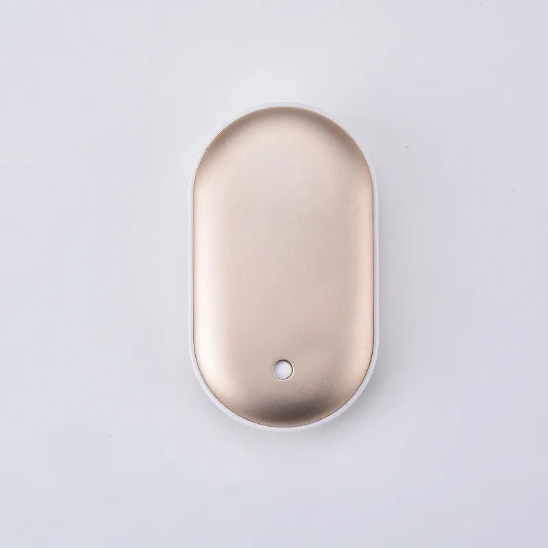 Rechargeable mini hand warmer and power bank device showing compact design with USB port and digital display