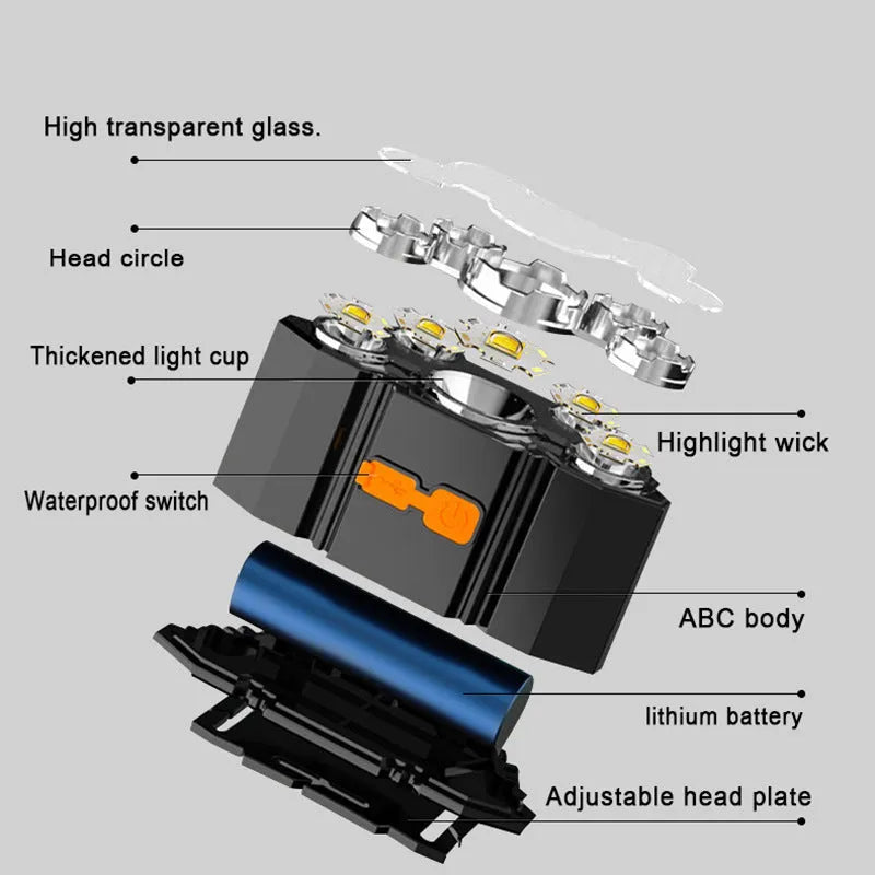 Super bright 10W LED head-mounted miner's lamp with head strap, shown in light data cable colour.