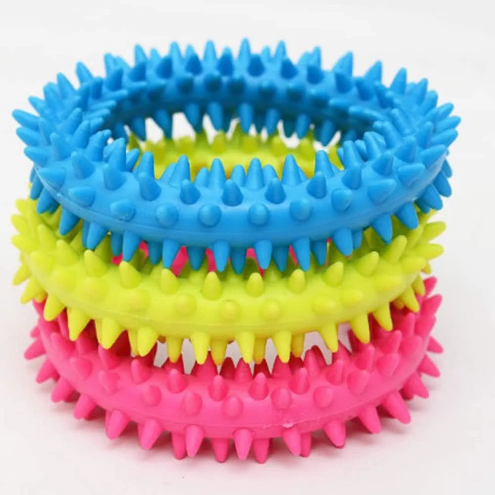Blue spiky TPR circle ring dog chew toy for dental cleaning and bite training
