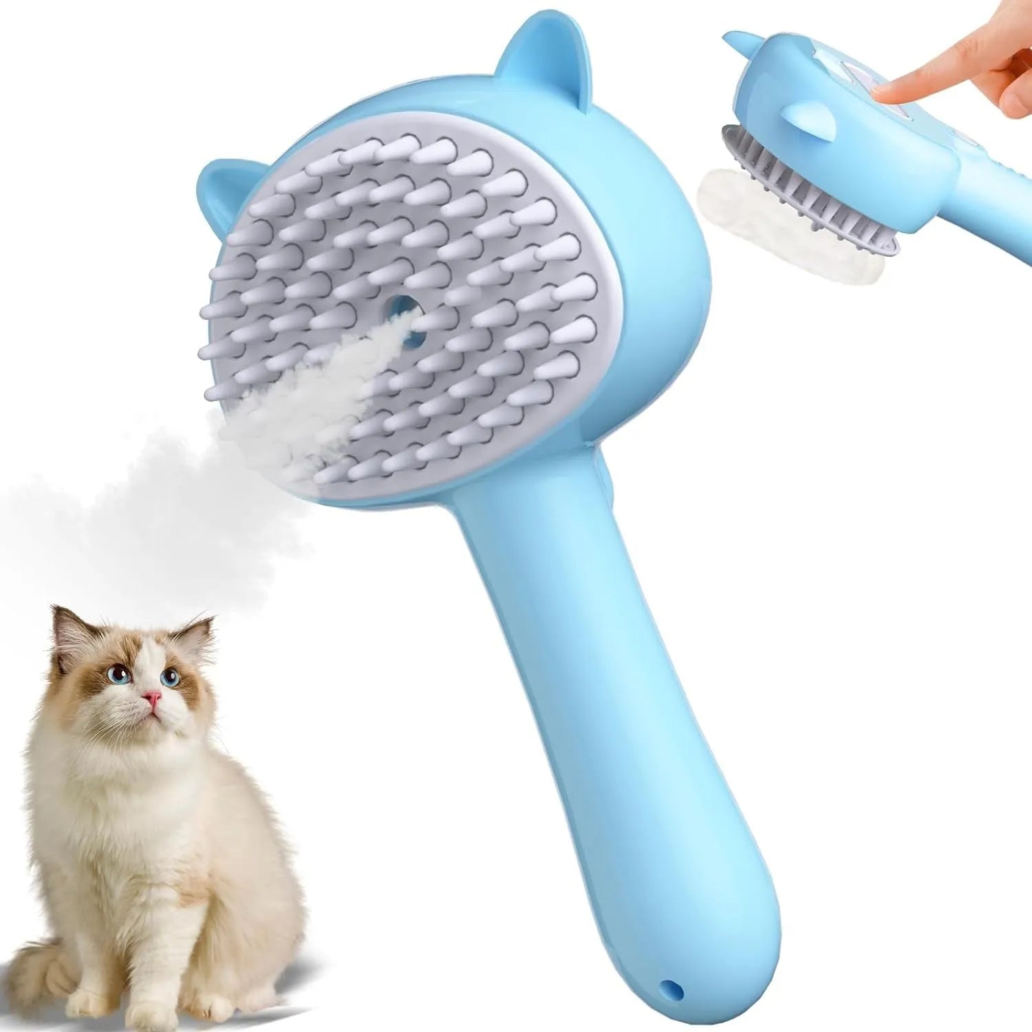 Cat steam brush with blue handle, rubber bristles, and release button for pet grooming
