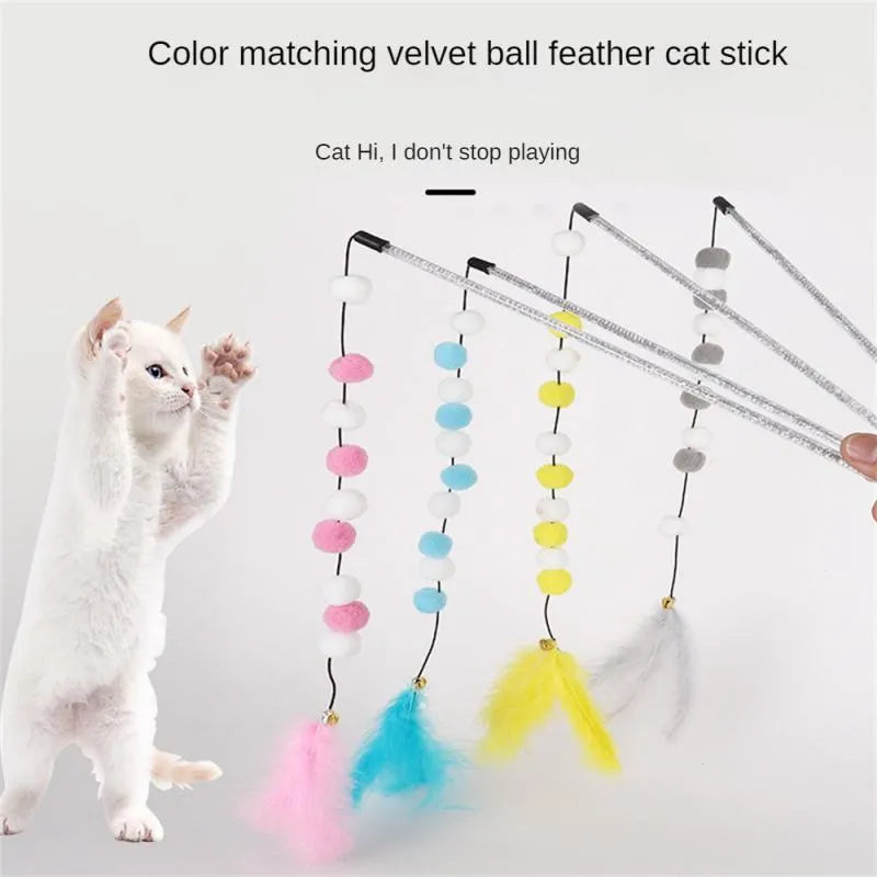 31cm long cat teaser interactive toy rod with bell and colourful polyester pompon feather attachment