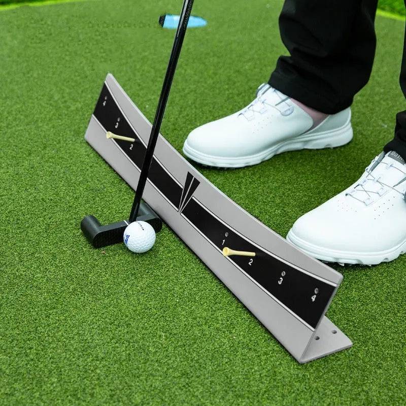 Golf putting trainer simulator with adjustable balancer on PVC base for stroke practice