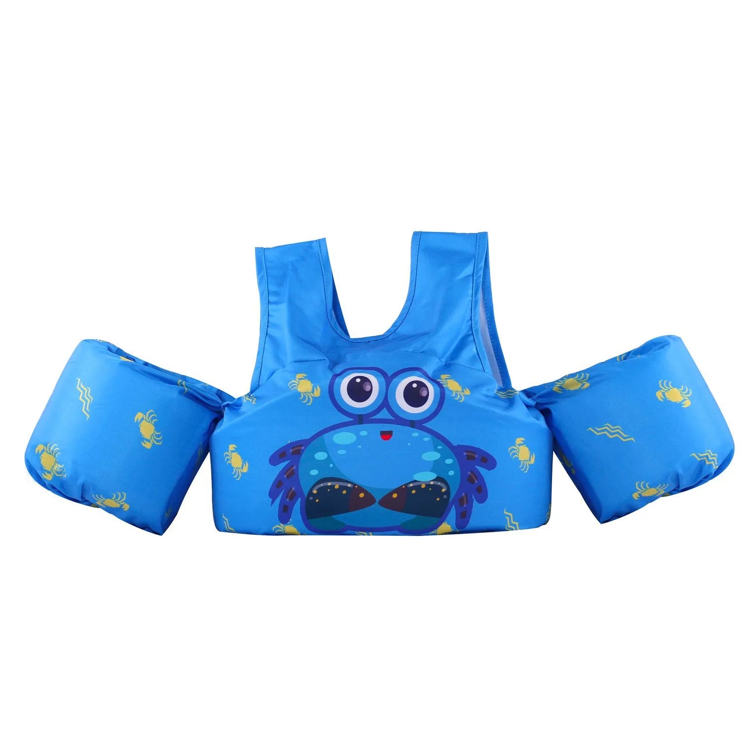 Colourful cartoon children's swimsuit with integrated arm swimming rings in a lobster design.