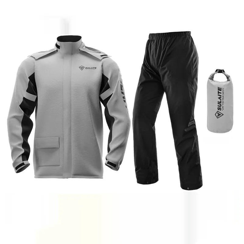 Motorcycle raincoat and rain trousers set in a colour option, with hidden shoe covers and storage bag.