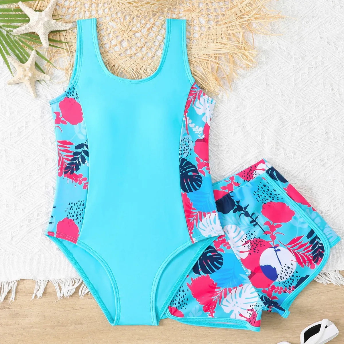 Girls' two piece swimsuit set with one piece and boxer shorts in blue, purple, and rose red, sizes 130 to 160, polyester fabric