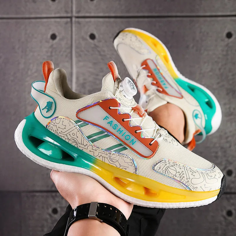 Men's low-top mesh sports shoes in beige orange with elastic band closure and textured TPU sole.