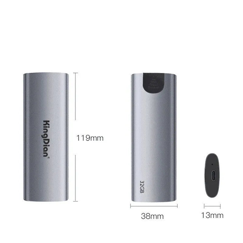 Grey portable external solid state drive with USB 3.0 connector for direct mobile phone use.