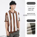 Men's black and white striped short sleeve ice silk sweater with a decorative zip.