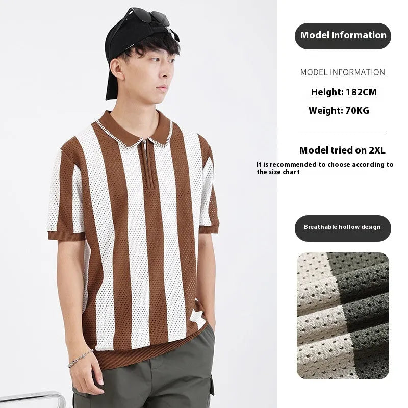 Men's black and white striped short sleeve ice silk sweater with a decorative zip.