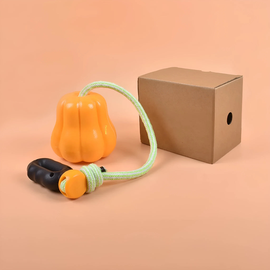Pumpkin-shaped plastic dog toy with rope attachment for outdoor long throws and molar chewing
