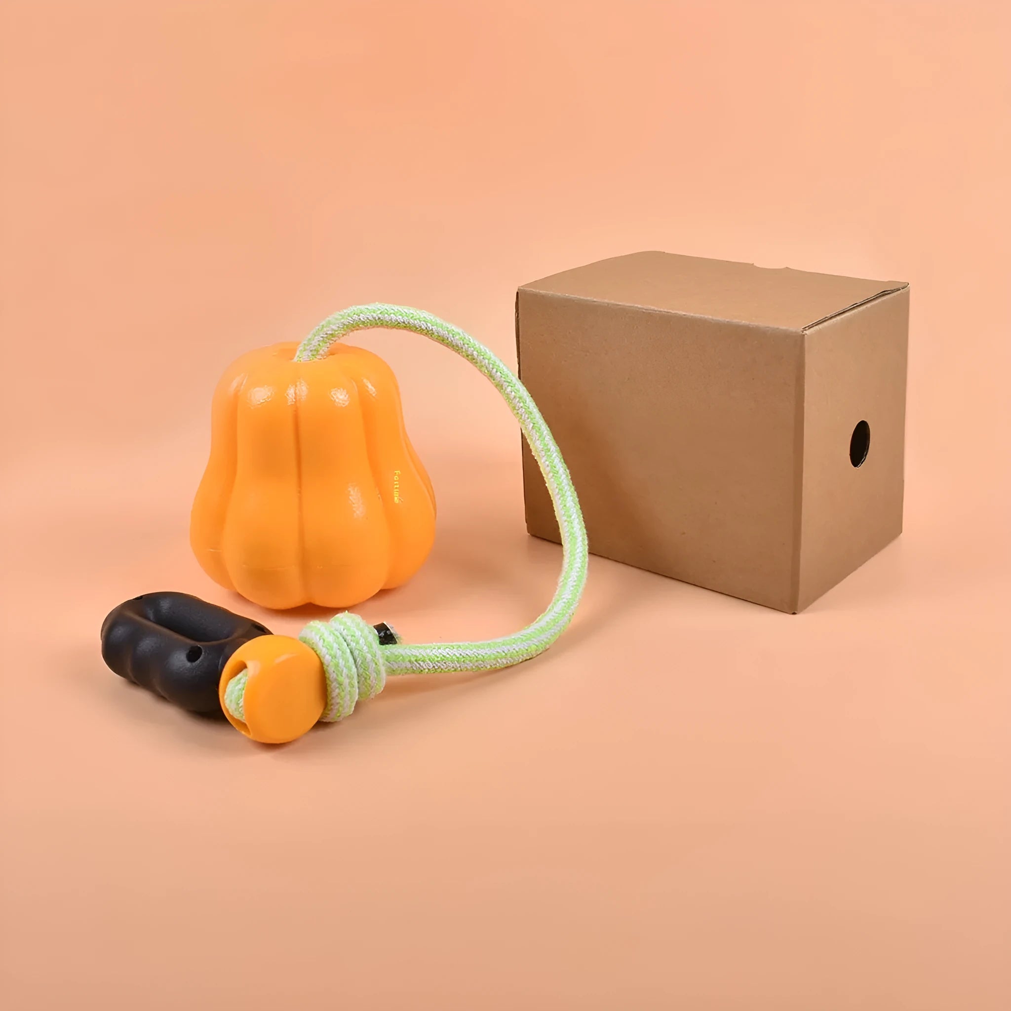 Pumpkin-shaped plastic dog toy with rope attachment for outdoor long throws and molar chewing