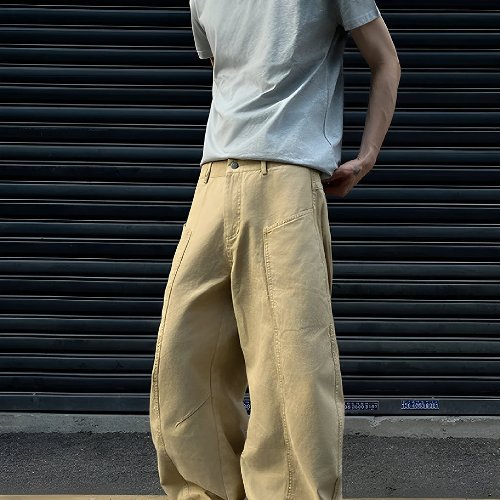 Men's khaki straight-leg casual cotton trousers on a white background.