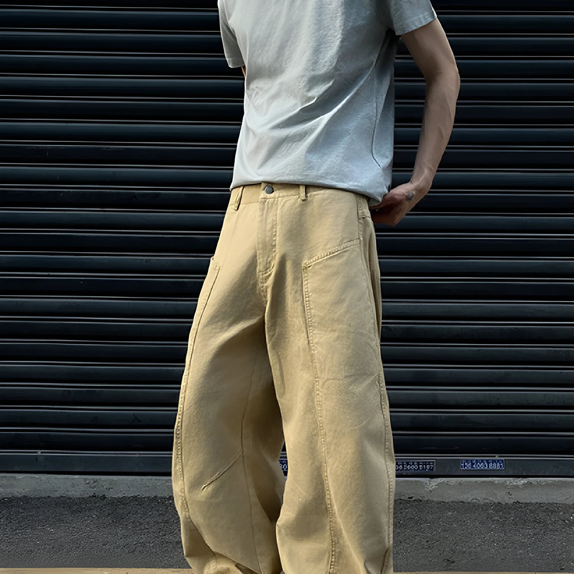 Men's khaki straight-leg casual cotton trousers on a white background.