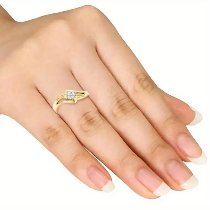 Women's yellow gold coloured copper diamond ring with micro-inlaid zircon geometric design