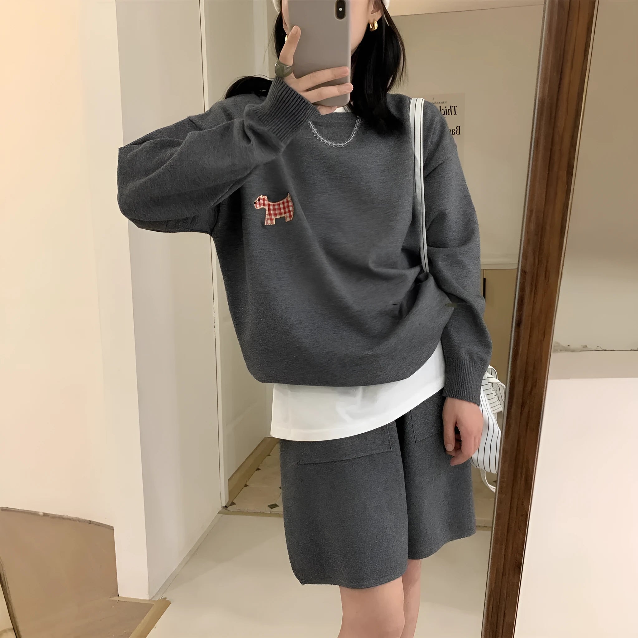 Women's milk blue knitted sweater and shorts set with animal embroidery, Japanese Korean casual style.