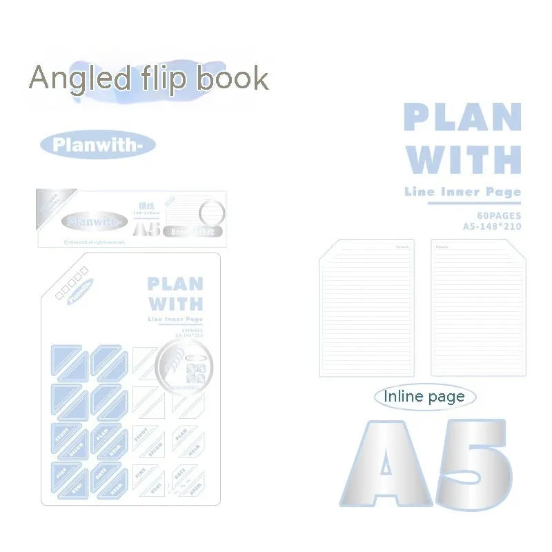 Oblique Angle Salt Series A5 and B5 notebook with white or plaid blue cover, open to show unlined pages.