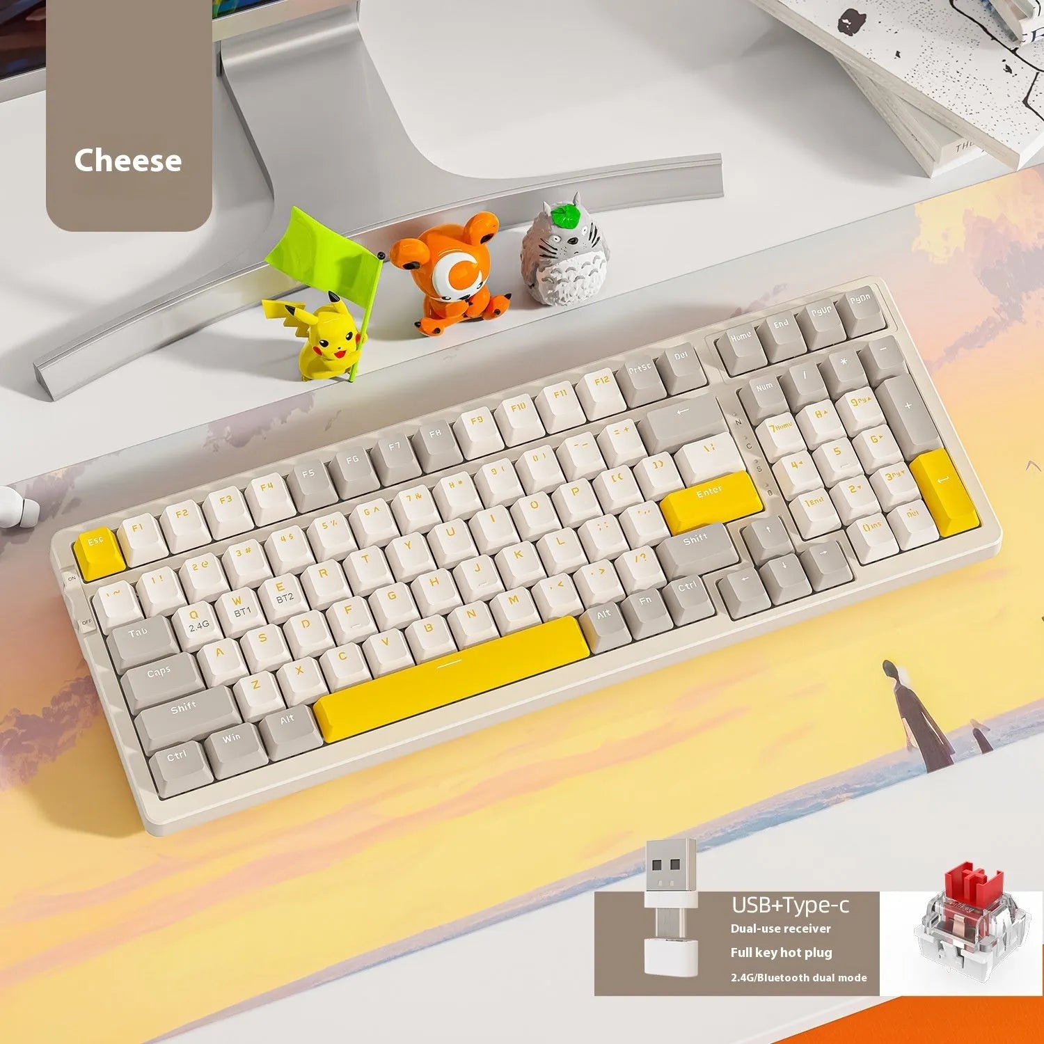 K96 Bluetooth dual-mode mechanical keyboard with red switches in blueberry, cheese, lemon, and shimmer colour options