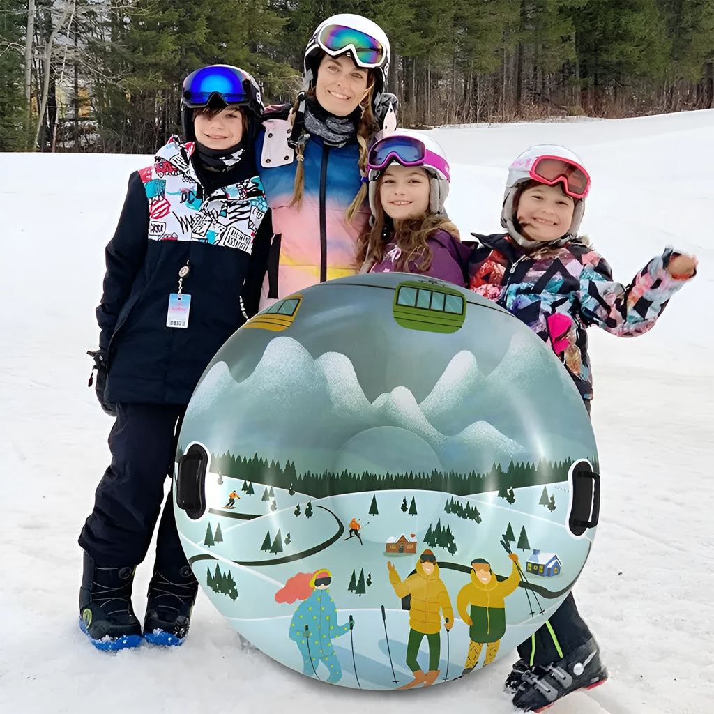 PVC plastic ski ring toy for children in a winter sports printed design, shown in one of three colour options.