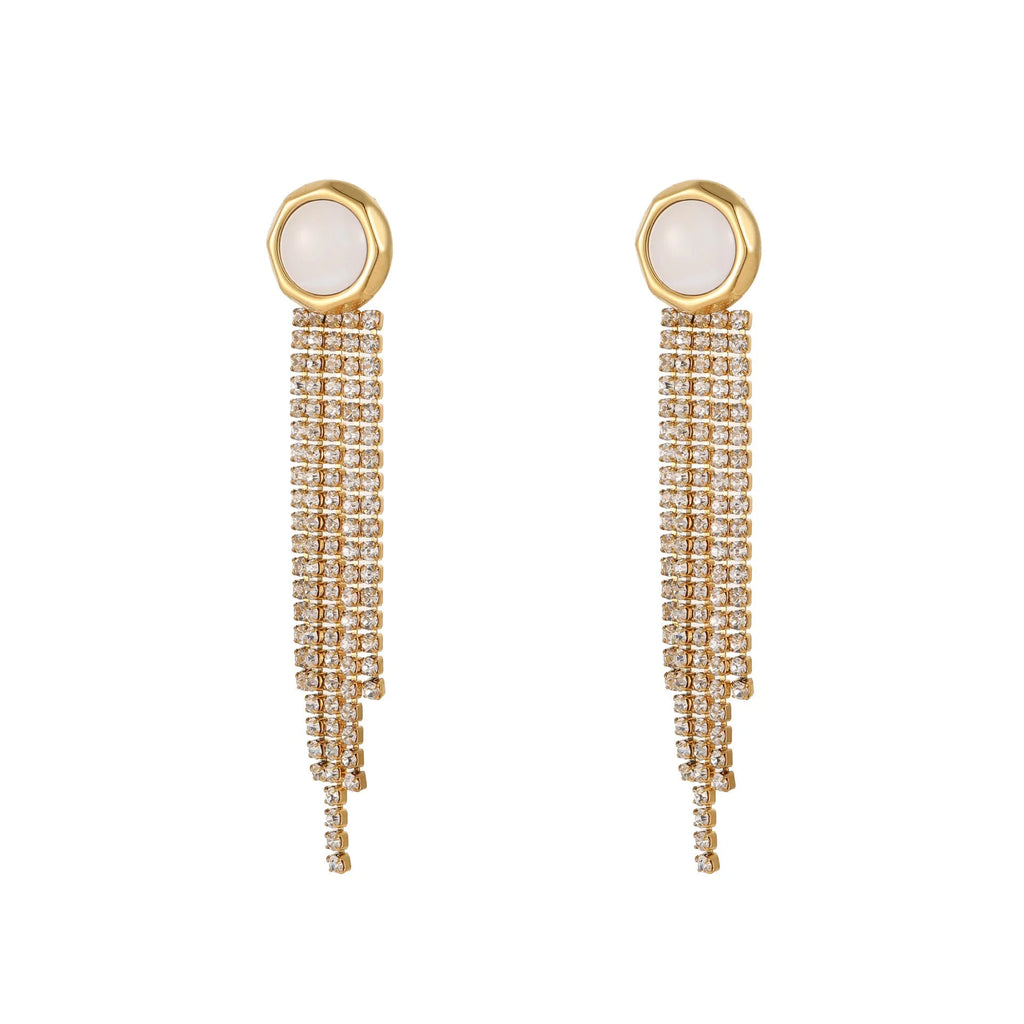 Stainless steel earrings with diamond tassel designs in heart, star and geometric shapes with 18K electroplated finish