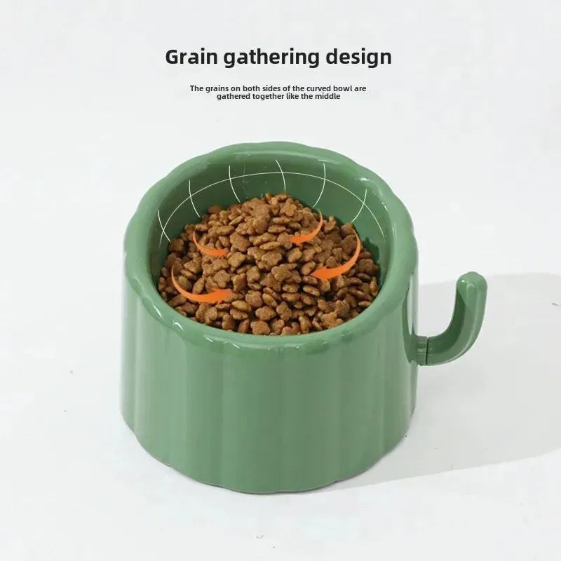 Solid colour raised cat bowl with cactus design, anti-slip base, and large mouth opening in dark green