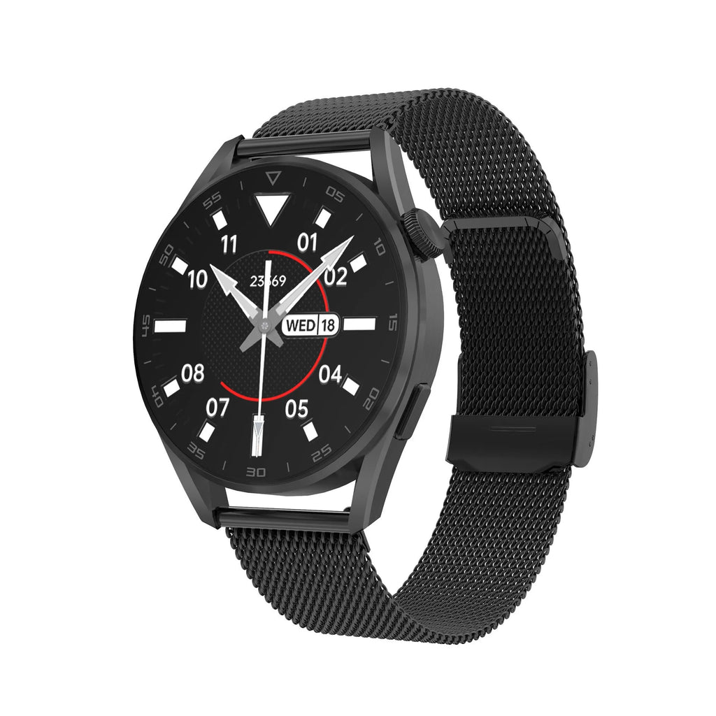 Smart watch with metal wristband and 1.3-inch screen showing Bluetooth call and scan code functions.
