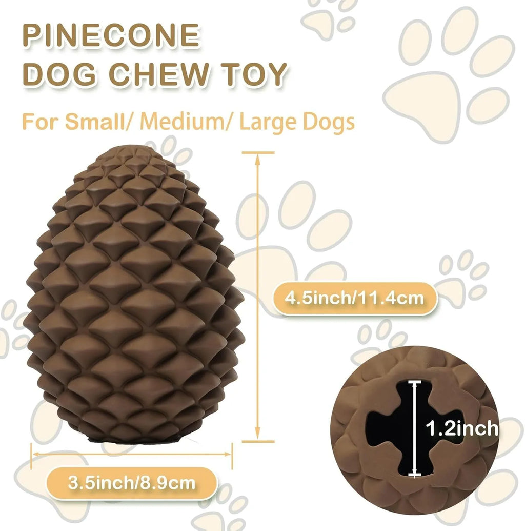 Yellow pine cone shaped natural rubber dog toy with treat dispenser for medium large aggressive chewers