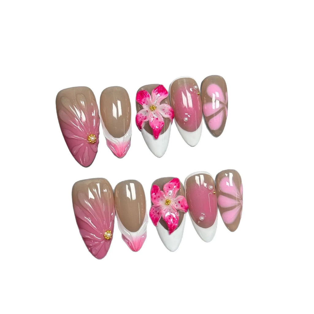 French style false nails with three-dimensional lily ice flower pattern in almond shape